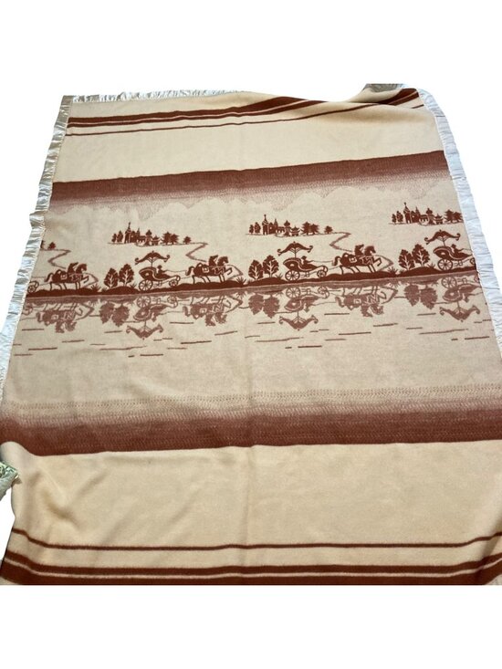 Sheep Other - Pure New Wool Blanket With Carriage Scene Pattern And Satin Trim 88" X 67"